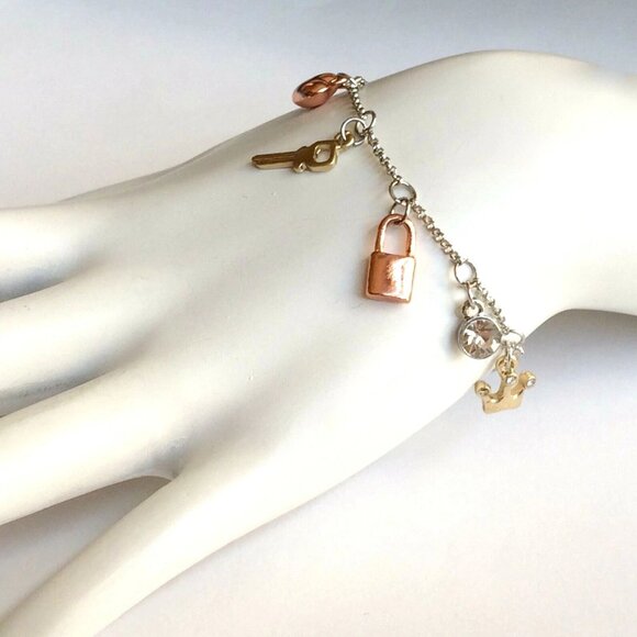 Heart Lock Key Crown Charm Bracelet Anklet 6-8" Love Queen Tri Color Gold Plated - Picture 2 of 12
